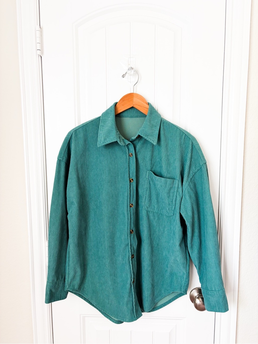 Teal Corduroy Button-Up Shirt Long Sleeve Size Small
